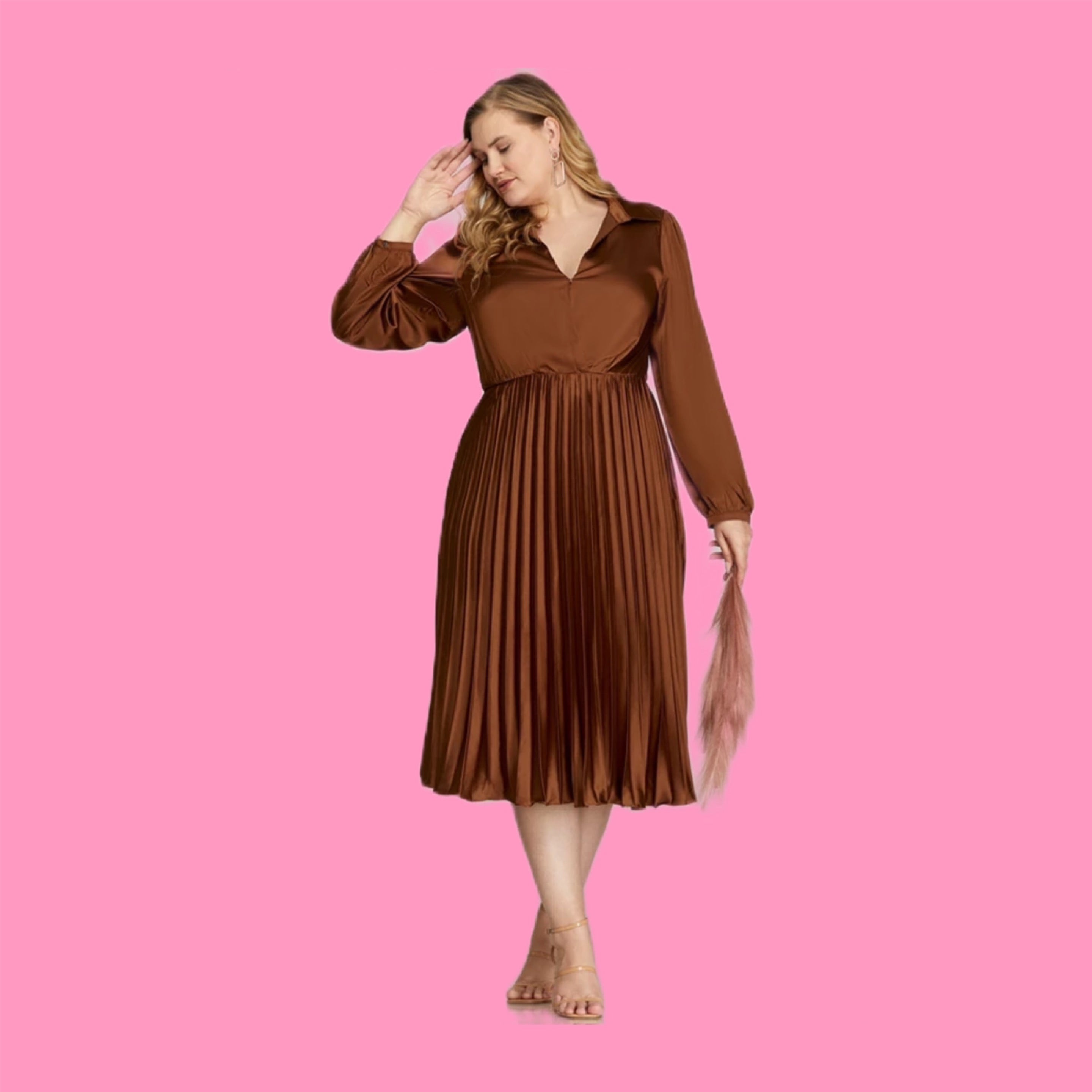 brown pleated dress Vivian Satin Pleated Dress main image 1